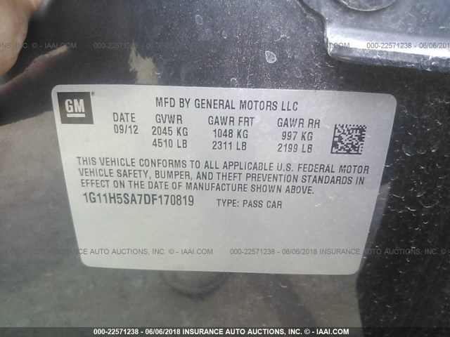 1G11H5SA7DF170819 - 2013 CHEVROLET MALIBU LTZ 黑色 照片 9