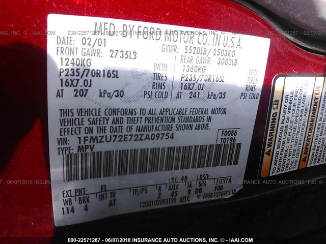 1FMZU72E72ZA09754 - 2002 FORD EXPLORER XLS RED photo 9