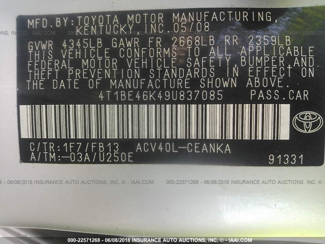 4T1BE46K49U837085 - 2009 TOYOTA CAMRY SE/LE/XLE 银色 照片 9