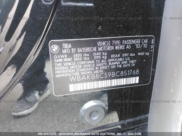 WBAKB8C59BC851768 - 2011 BMW 750 LI BLACK photo 9
