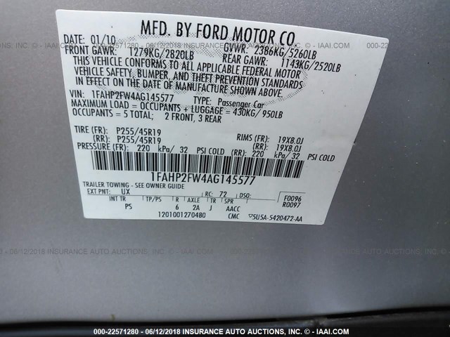 1FAHP2FW4AG145577 - 2010 FORD TAURUS LIMITED SILVER photo 9