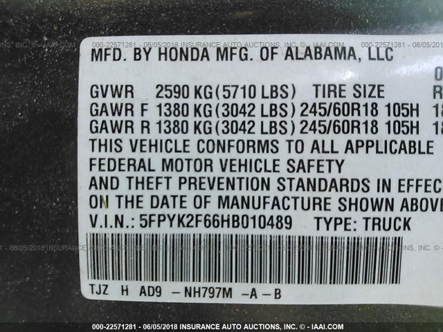 5FPYK2F66HB010489 - 2017 HONDA RIDGELINE RTL GRAY photo 9