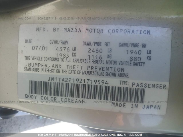 JM1TA221921719594 - 2002 MAZDA MILLENIA Champagne photo 9