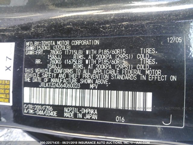 JTLKT324364060023 - 2006 TOYOTA SCION XB შავი ფოტო 9