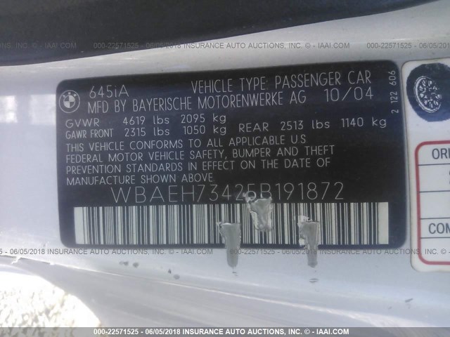 WBAEH73425B191872 - 2005 BMW 645 CI AUTOMATIC Boz foto 9