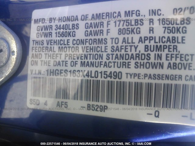 1HGES163X4L015490 - 2004 HONDA CIVIC DX VP BLUE photo 9