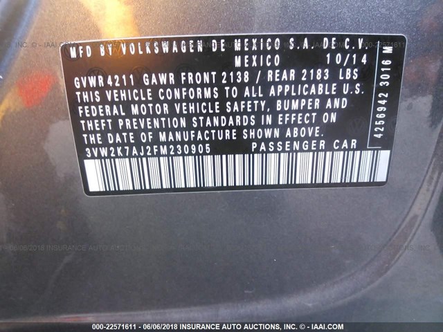 3VW2K7AJ2FM230905 - 2015 VOLKSWAGEN JETTA S 灰色 照片 9