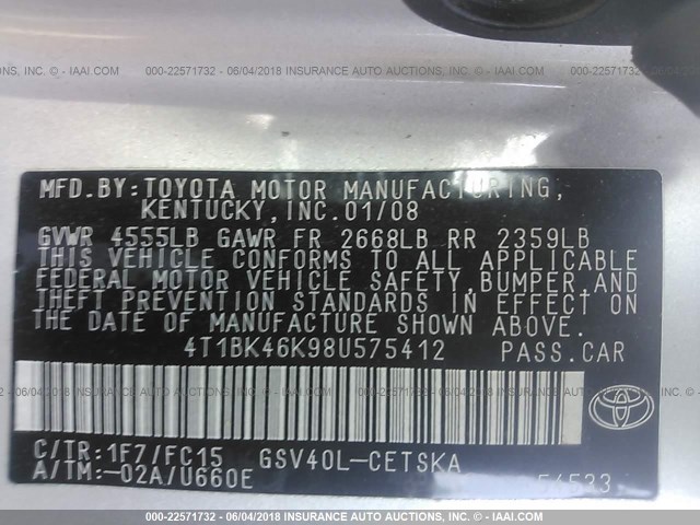 4T1BK46K98U575412 - 2008 TOYOTA CAMRY LE/XLE/SE ვერცხლისფერი ფოტო 9