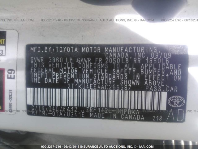 2T1KU4EE4AC266587 - 2010 TOYOTA COROLLA MATRIX  WHITE photo 9