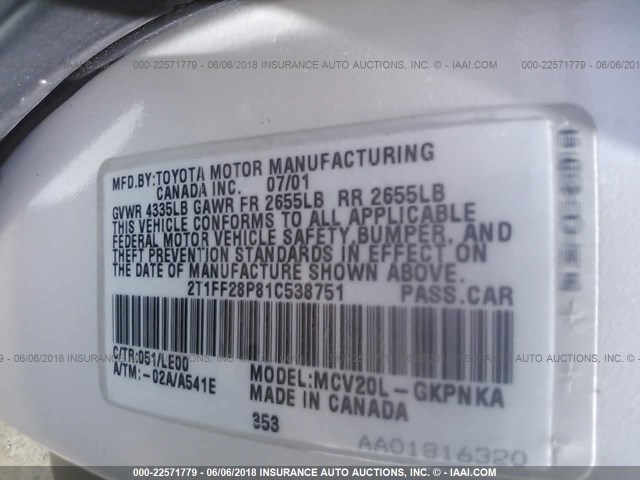 2T1FF28P81C538751 - 2001 TOYOTA CAMRY SOLARA SE/SLE WHITE photo 9