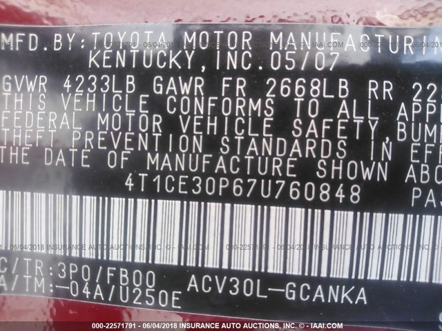 4T1CE30P67U760848 - 2007 TOYOTA CAMRY SOLARA SE/SLE წითელი ფოტო 9