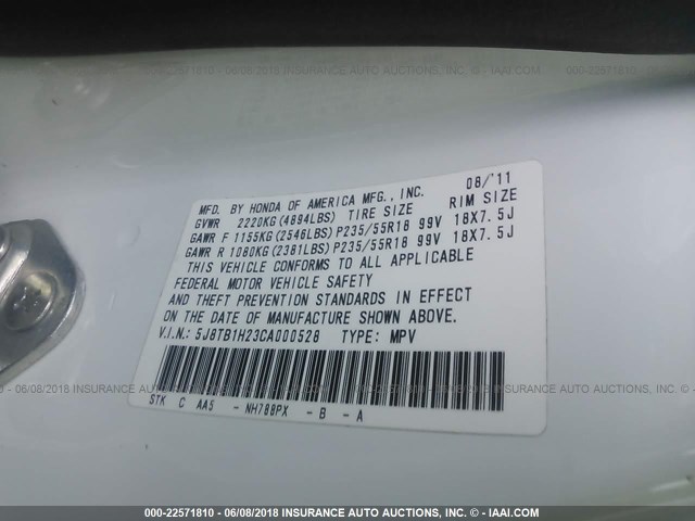 5J8TB1H23CA000528 - 2012 ACURA RDX WHITE photo 9