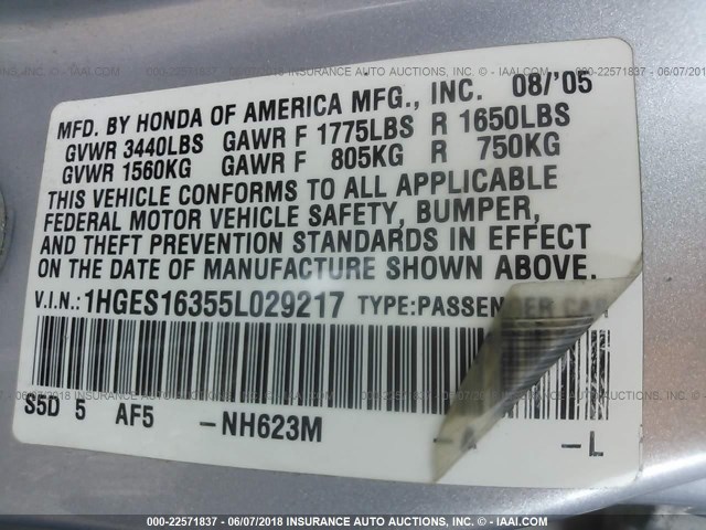 1HGES16355L029217 - 2005 HONDA CIVIC DX VP 银色 照片 9