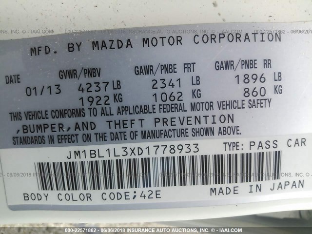 JM1BL1L3XD1778933 - 2013 MAZDA SPEED 3 WHITE photo 9