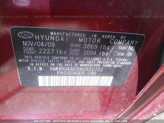 KMHDU4AD3AU932732 - 2010 HYUNDAI ELANTRA BLUE/GLS/SE RED photo 9