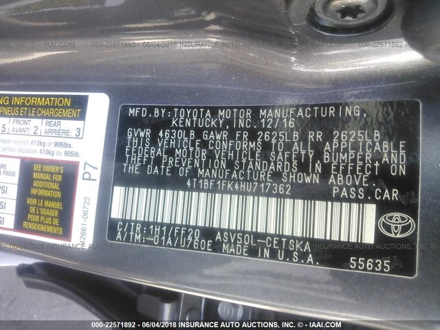 4T1BF1FK4HU717362 - 2017 TOYOTA CAMRY LE/XLE/SE/XSE GRAY photo 9