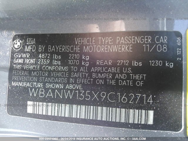 WBANW135X9C162714 - 2009 BMW 535 I GRAY photo 9