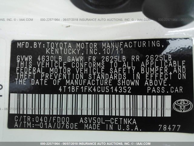 4T1BF1FK4CU514352 - 2012 TOYOTA CAMRY SE/LE/XLE WHITE photo 9