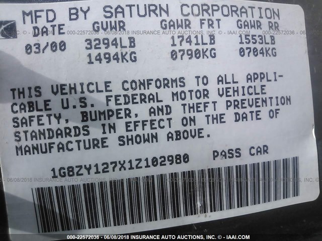 1G8ZY127X1Z102980 - 2001 SATURN SC2 YELLOW photo 9