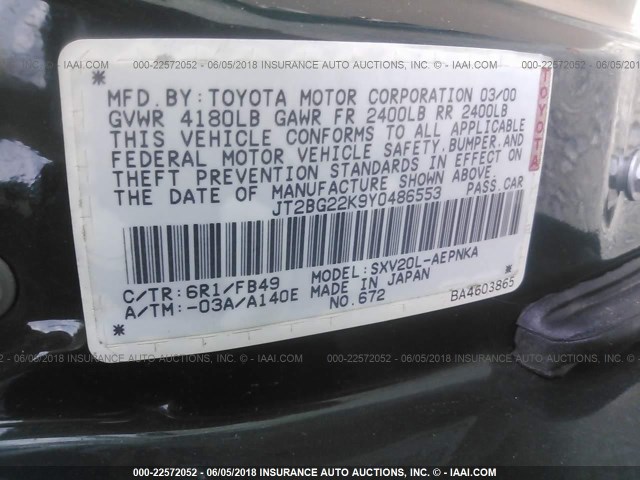 JT2BG22K9Y0486553 - 2000 TOYOTA CAMRY CE/LE/XLE 绿色 照片 9