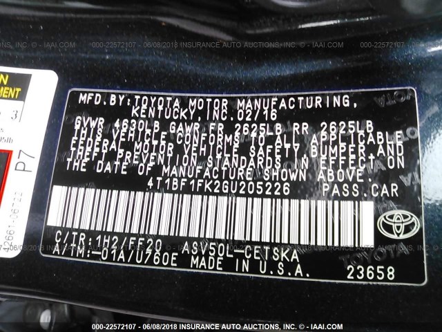 4T1BF1FK2GU205226 - 2016 TOYOTA CAMRY LE/XLE/SE/XSE Navy photo 9