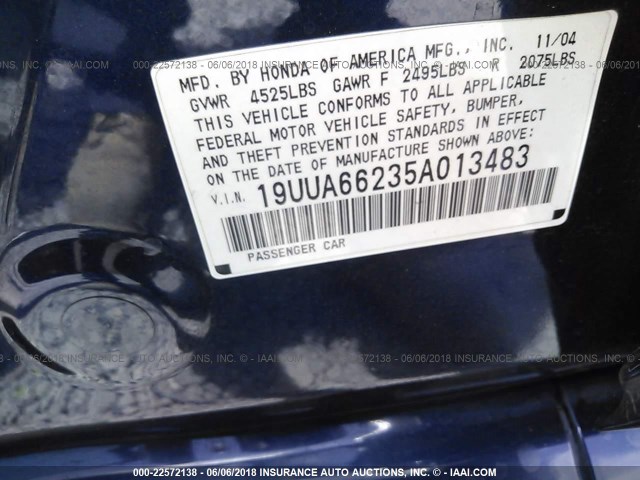 19UUA66235A013483 - 2005 ACURA TL BLUE photo 9