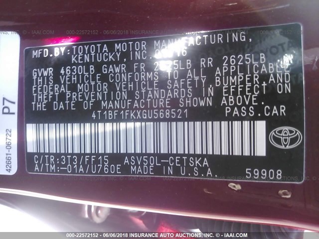 4T1BF1FKXGU568521 - 2016 TOYOTA CAMRY LE/XLE/SE/XSE RED photo 9