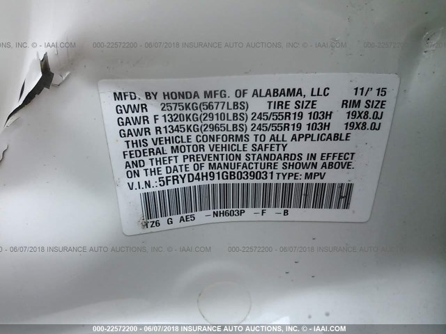 5FRYD4H91GB039031 - 2016 ACURA MDX ADVANCE WHITE photo 9