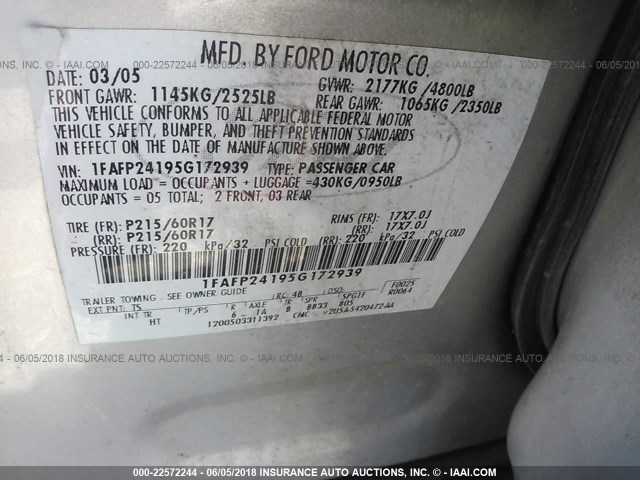 1FAFP24195G172939 - 2005 FORD FIVE HUNDRED SEL SILVER photo 9