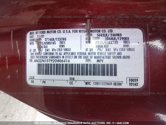 4N2ZN15T92D806414 - 2002 NISSAN QUEST GXE RED photo 9