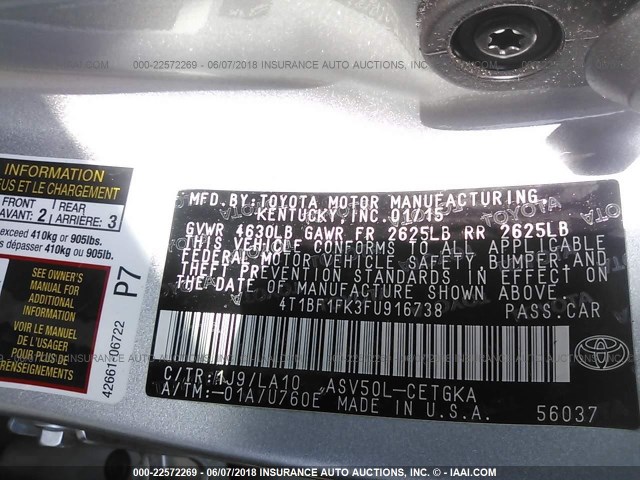 4T1BF1FK3FU916738 - 2015 TOYOTA CAMRY LE/XLE/SE/XSE SILVER photo 9
