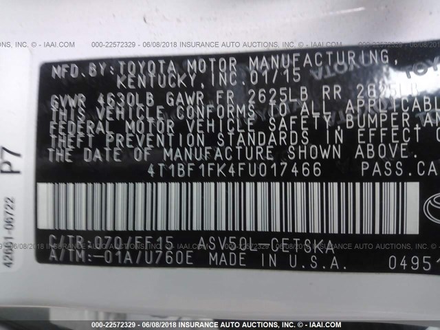 4T1BF1FK4FU017466 - 2015 TOYOTA CAMRY LE/XLE/SE/XSE WHITE photo 9