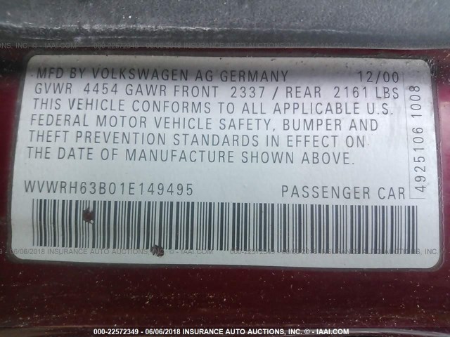 WVWRH63B01E149495 - 2001 VOLKSWAGEN PASSAT GLX 栗色 照片 9