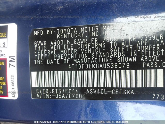 4T1BF3EK8AU538079 - 2010 TOYOTA CAMRY SE/LE/XLE 蓝色 照片 9