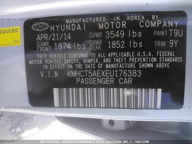 KMHCT5AEXEU176383 - 2014 HYUNDAI ACCENT GLS/GS BLUE photo 9