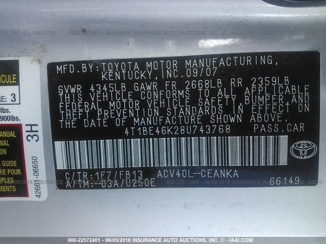 4T1BE46K28U743768 - 2008 TOYOTA CAMRY CE/LE/XLE/SE SILVER photo 9