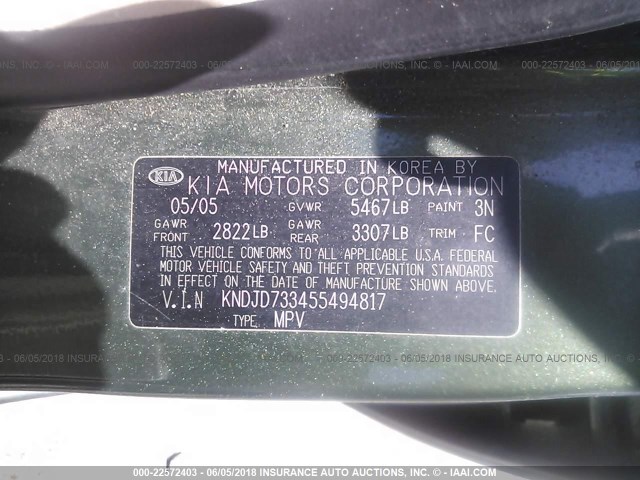 KNDJD733455494817 - 2005 KIA SORENTO EX/LX GREEN photo 9