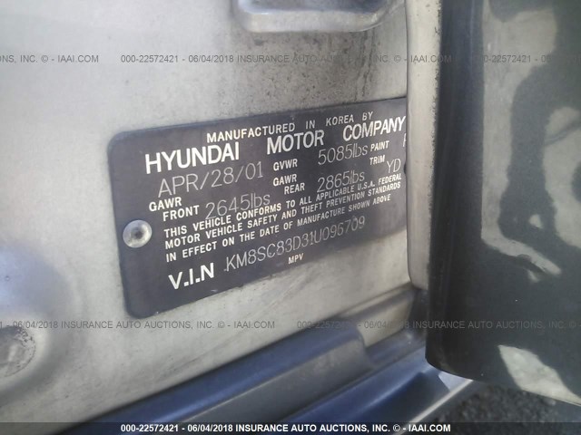 KM8SC83D31U096709 - 2001 HYUNDAI SANTA FE GLS/LX SILVER photo 9