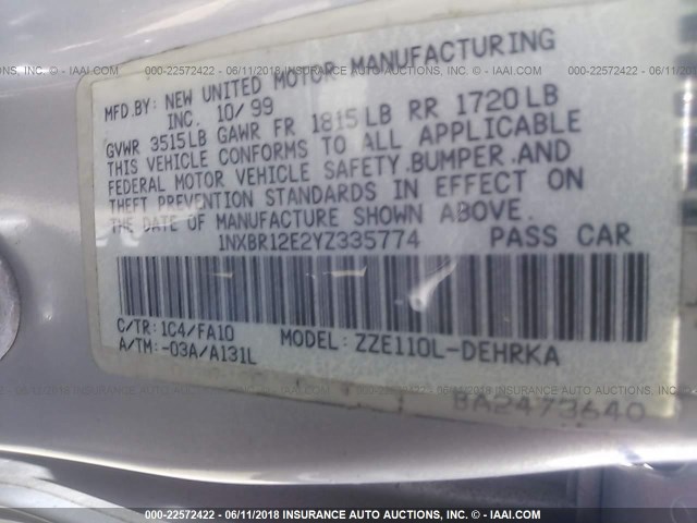 1NXBR12E2YZ335774 - 2000 TOYOTA COROLLA VE/CE/LE 灰色 照片 9