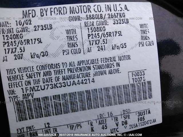 1FMZU73K33UA44214 - 2003 FORD EXPLORER XLT/XLT SPORT/NBX 蓝色 照片 9