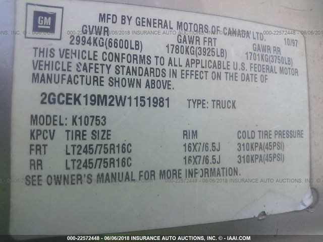 2GCEK19M2W1151981 - 1998 CHEVROLET GMT-400 K1500 Pewter photo 9