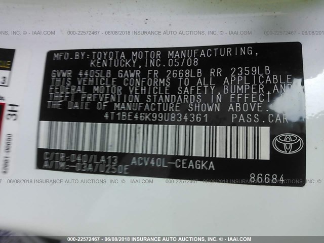 4T1BE46K99U834361 - 2009 TOYOTA CAMRY SE/LE/XLE WHITE photo 9