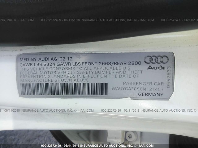 WAUYGAFC9CN121457 - 2012 AUDI A7 PREMIUM PLUS WHITE photo 9