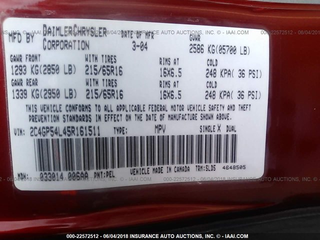 2C4GP54L45R161511 - 2005 CHRYSLER TOWN & COUNTRY TOURING RED photo 9