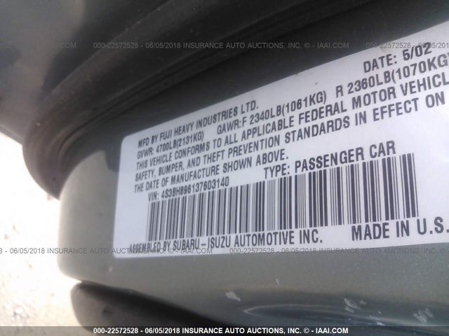 4S3BH896137603140 - 2003 SUBARU LEGACY OUTBACK H6 3.0 VDC Կանաչ լուսանկար 9