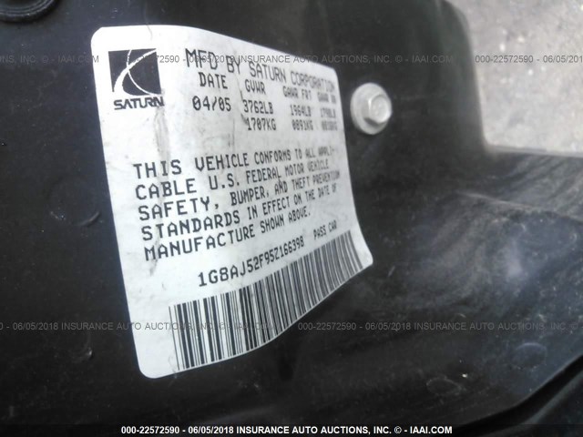1G8AJ52F95Z166398 - 2005 SATURN ION LEVEL 2 BLACK photo 9