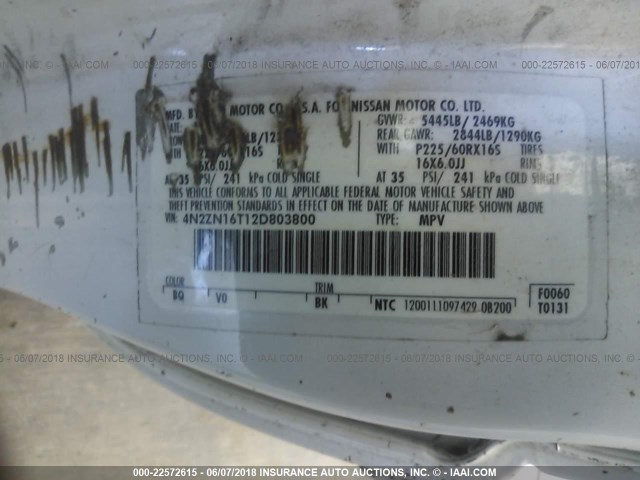 4N2ZN16T12D803800 - 2002 NISSAN QUEST SE WHITE photo 9