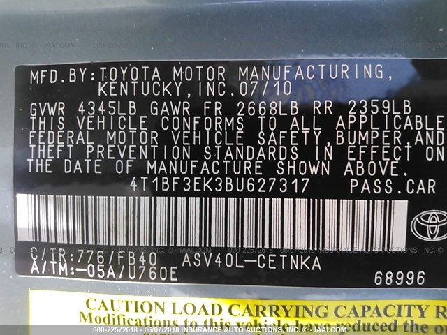 4T1BF3EK3BU627317 - 2011 TOYOTA CAMRY SE/LE/XLE GREEN photo 9