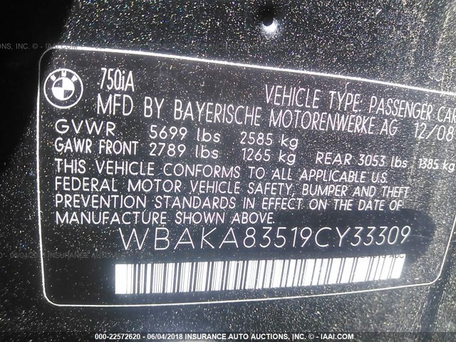 WBAKA83519CY33309 - 2009 BMW 750 I BLACK photo 9