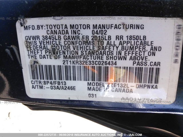 2T1KR32E33C026434 - 2003 TOYOTA COROLLA MATRIX XR BLUE photo 9